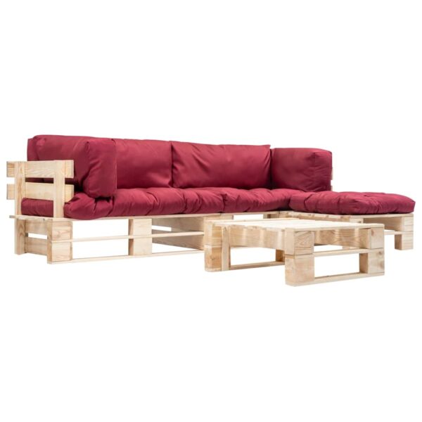 Set mobilier de grădină paleți cu perne roșii, 4 piese, lemn