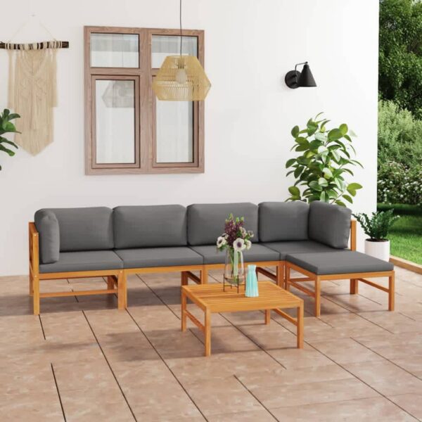 Set mobilier grădină cu perne gri, 6 piese, lemn masiv de tec