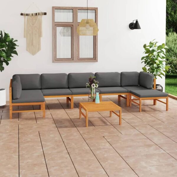 Set mobilier grădină cu perne gri, 8 piese, lemn masiv de tec