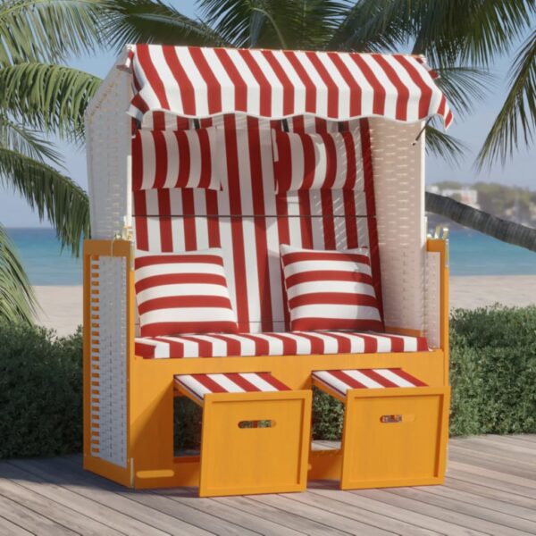 Scaun de plajă cu perne, roșu/alb, poliratan și lemn masiv