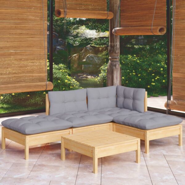 Set mobilier grădină cu perne gri, 5 piese, lemn masiv de pin