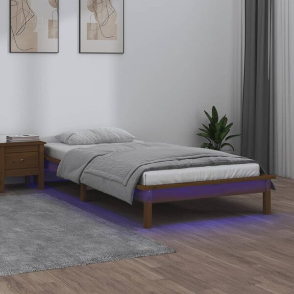 Cadru de pat cu LED, maro miere, 90x200 cm, lemn masiv