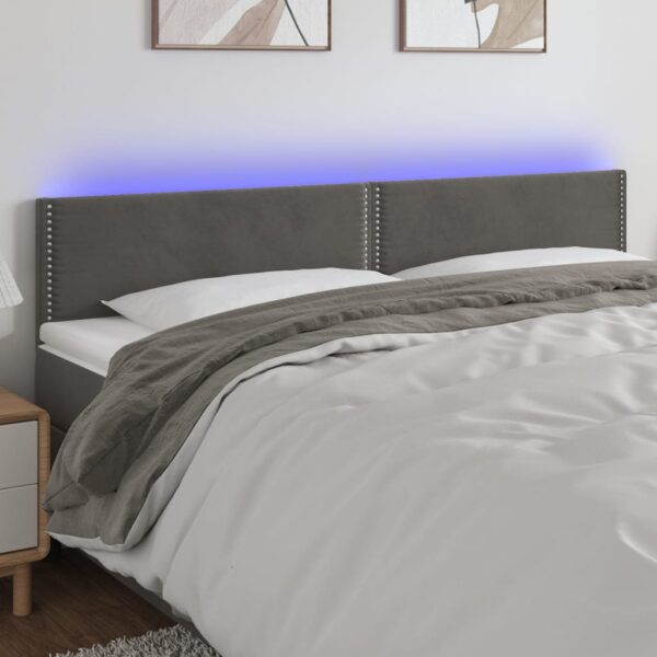 Tăblie de pat cu LED, gri închis, 200x5x78/88 cm, catifea