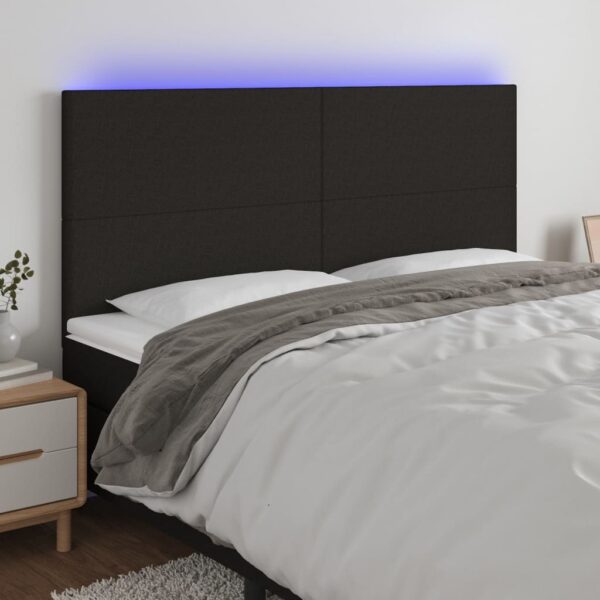 Tăblie de pat cu LED, negru, 200x5x118/128 cm, textil