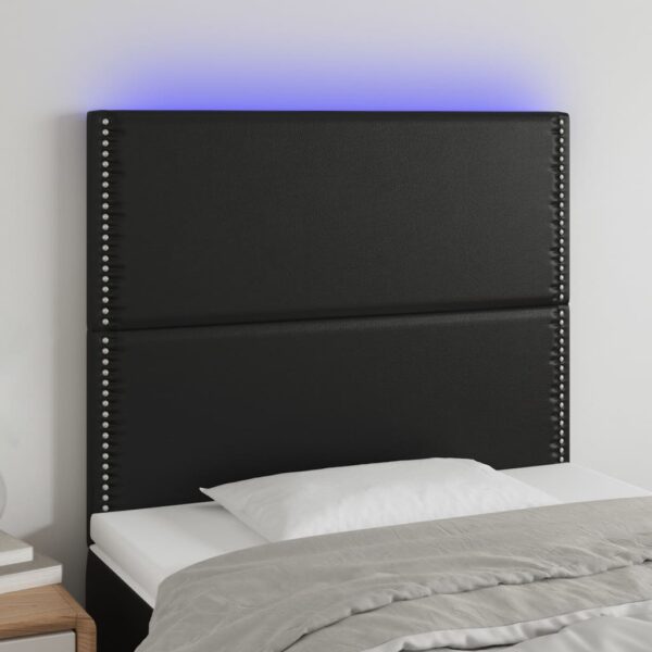 Tăblie de pat cu LED, negru, 90x5x118/128 cm, piele ecologică
