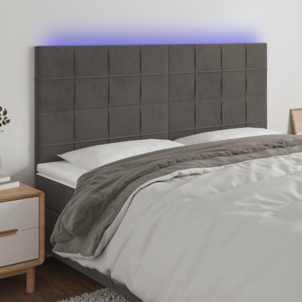 Tăblie de pat cu LED, gri închis, 200x5x118/128 cm, catifea