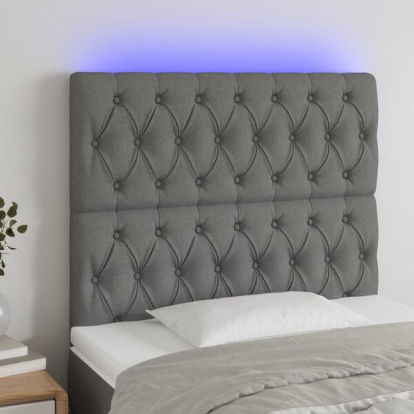 Tăblie de pat cu LED, gri închis, 90x7x118/128 cm, textil