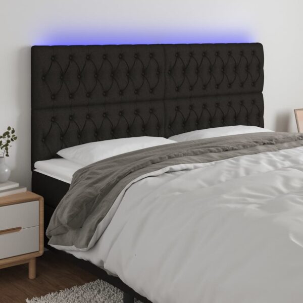 Tăblie de pat cu LED, negru, 200x7x118/128 cm, textil