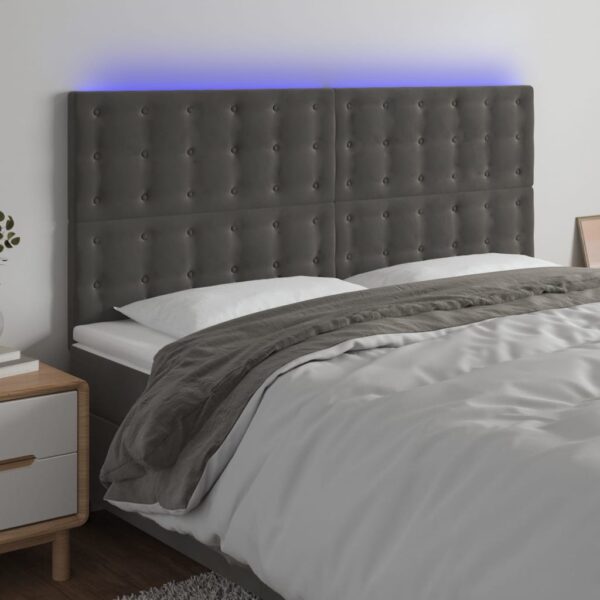 Tăblie de pat cu LED, gri închis, 200x5x118/128 cm, catifea