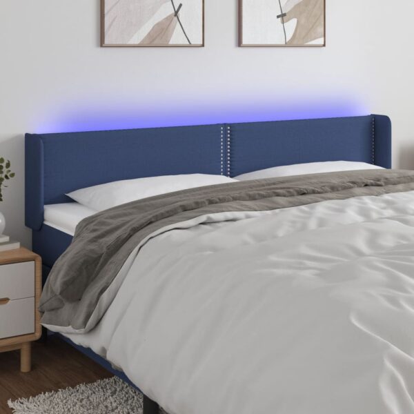 Tăblie de pat cu LED, albastru, 203x16x78/88 cm, textil