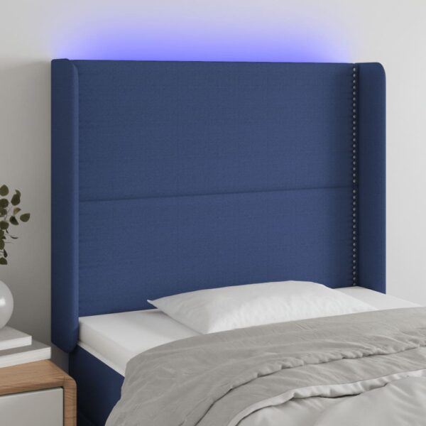 Tăblie de pat cu LED, albastru, 83x16x118/128 cm, textil