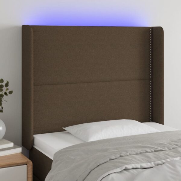 Tăblie de pat cu LED, maro închis, 93x16x118/128 cm, textil