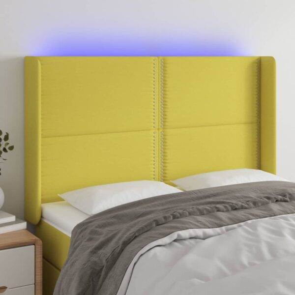 Tăblie de pat cu LED, verde, 147x16x118/128 cm, textil