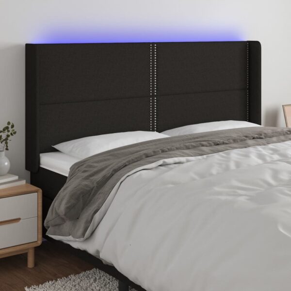 Tăblie de pat cu LED, negru, 203x16x118/128 cm, textil