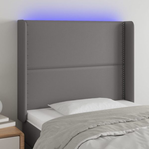 Tăblie de pat cu LED, gri, 103x16x118/128 cm, piele ecologică