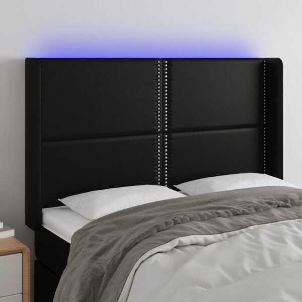 Tăblie de pat cu LED, negru, 147x16x118/128 cm, piele ecologică