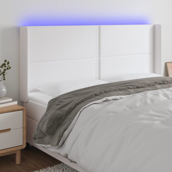 Tăblie de pat cu LED, alb, 163x16x118/128 cm, piele ecologică