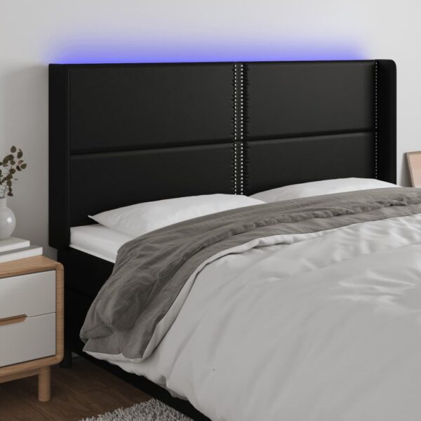 Tăblie de pat cu LED, negru, 203x16x118/128 cm, piele ecologică