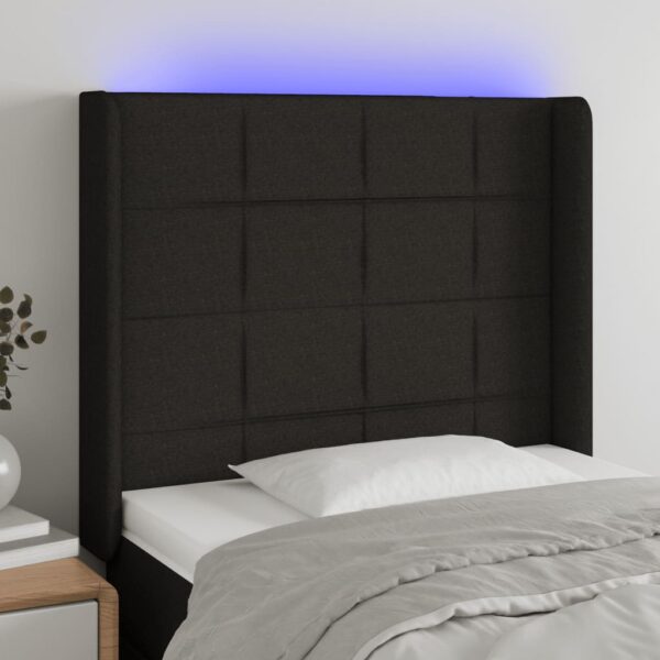 Tăblie de pat cu LED, negru, 93x16x118/128 cm, textil