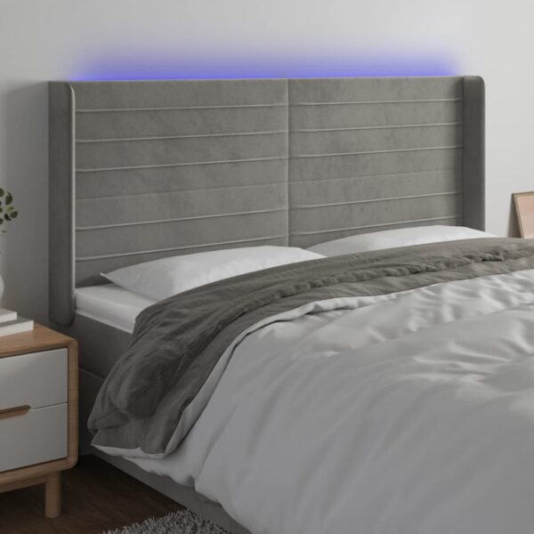 Tăblie de pat cu LED, gri deschis, 203x16x118/128 cm, catifea