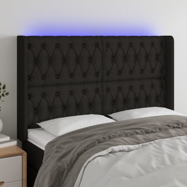 Tăblie de pat cu LED, negru, 163x16x118/128 cm, textil
