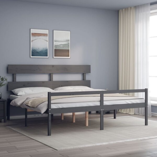 Cadru de pat senior cu tăblie, 200x200 cm, gri, lemn masiv