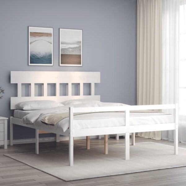Cadru de pat senior cu tăblie, alb, king size, lemn masiv