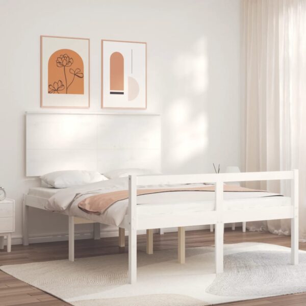 Cadru de pat senior cu tăblie, 140x190 cm, alb, lemn masiv
