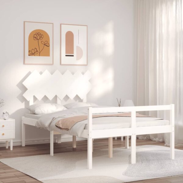 Cadru de pat senior cu tăblie dublu, alb, lemn masiv