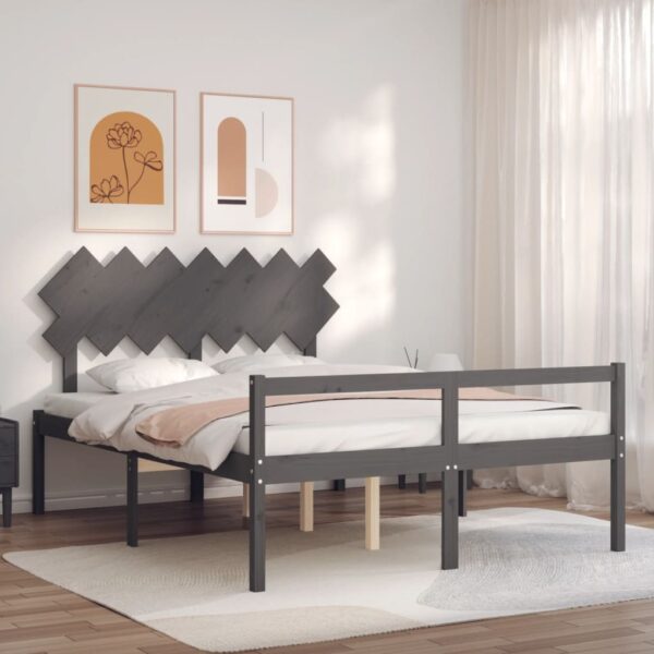 Cadru de pat senior cu tăblie, gri, king size, lemn masiv