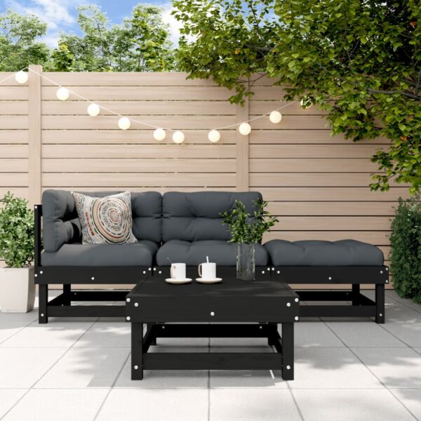 Set mobilier relaxare de grădină 4 piese, negru, lemn masiv pin