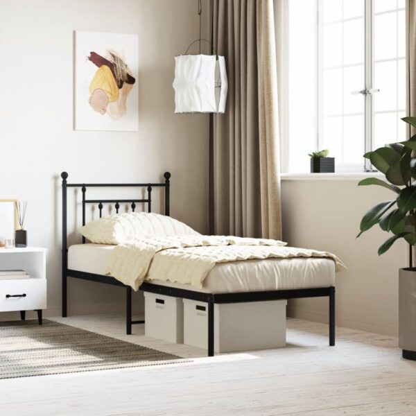 Cadru de pat metalic cu tăblie, negru, 75x190 cm