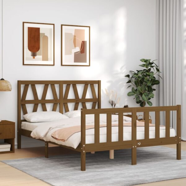 Cadru de pat cu tăblie, dublu mic, maro miere, lemn masiv
