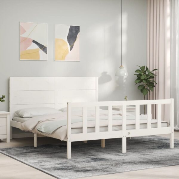 Cadru de pat cu tăblie, alb, king size, lemn masiv