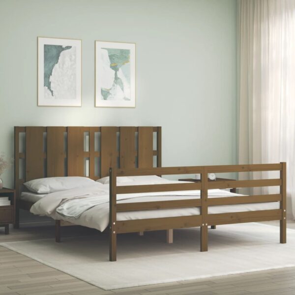 Cadru de pat cu tăblie, maro miere, king size, lemn masiv