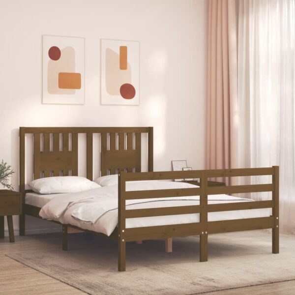 Cadru de pat cu tăblie, dublu mic, maro miere, lemn masiv
