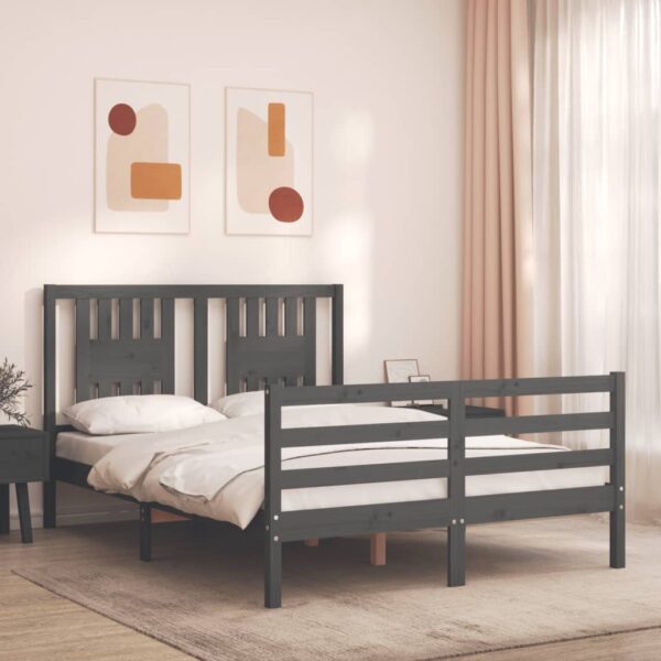 Cadru de pat cu tăblie, dublu, gri, lemn masiv