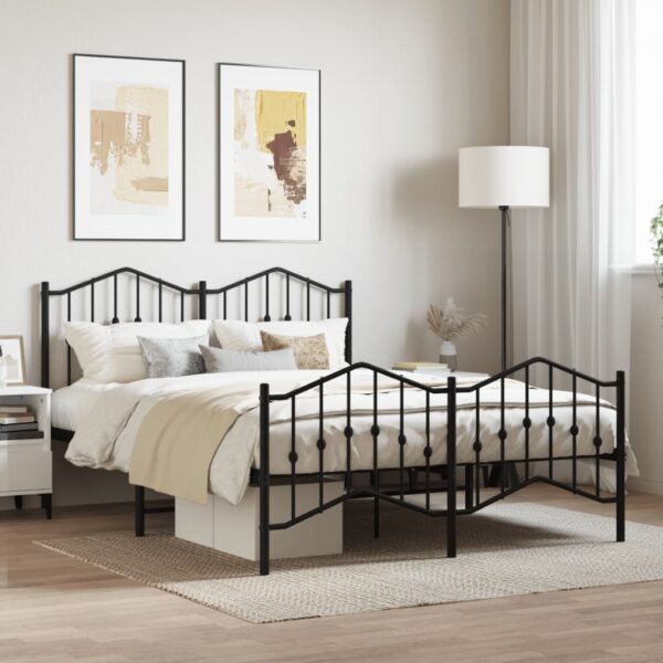 Cadru pat metalic cu tăblie de cap/picioare , negru, 140x190 cm