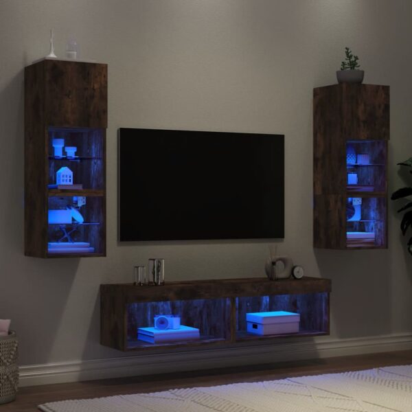 Unități de perete TV cu LED-uri, 6 piese, stejar fumuriu, lemn